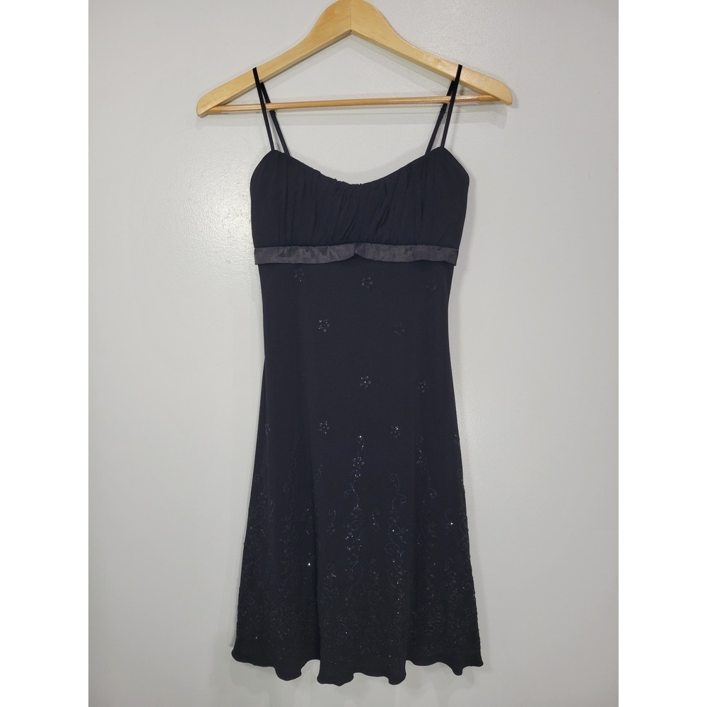 Ruby Rox Black Beaded Sequin Empire Waist Cocktail Dress Womens M Babydoll‎ Y2K